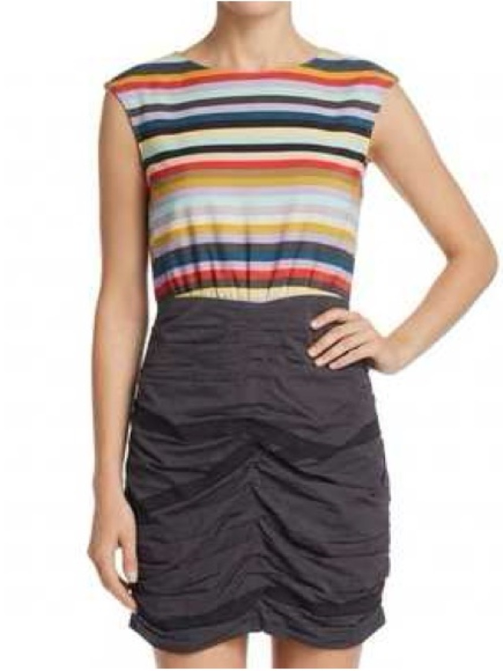 Alice Olivia Rainbow Stripe Grey Ruched Skirt Bodycon Pencil Dress